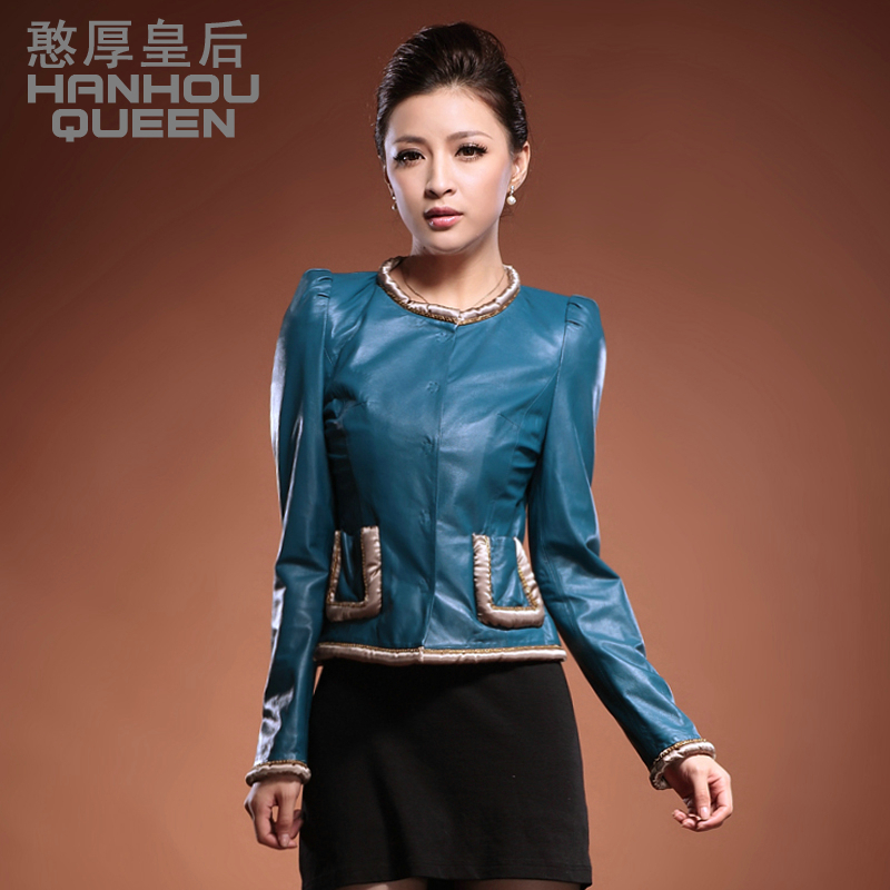 DHL free shipping Queen 2013 autumn o-neck sheepskin genuine leather clothing female short design slim outerwear