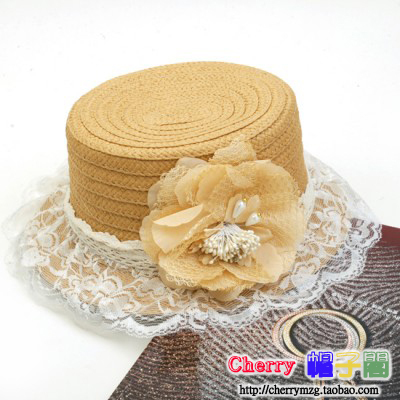Diamond flower straw braid hat spring and summer female lace decoration pearl flat sun-shading small fedoras