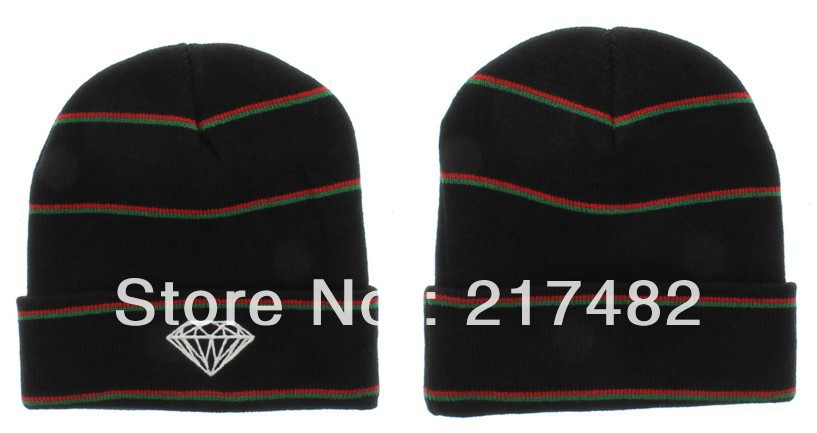 Diamond Supply Co. Stripe Beanie hats With Pom Are Extremely Loved By People black with red green stripe !