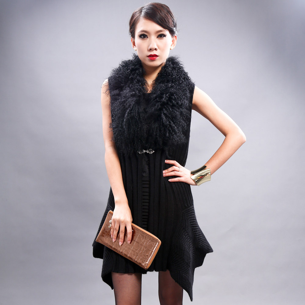 Diin silver  new arrival formal sheep wool knitted vest goat fur collar brief women's outerwear