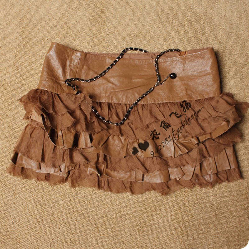 Dilan moer 2012 autumn fashion genuine leather ruffle metal chain female short skirt