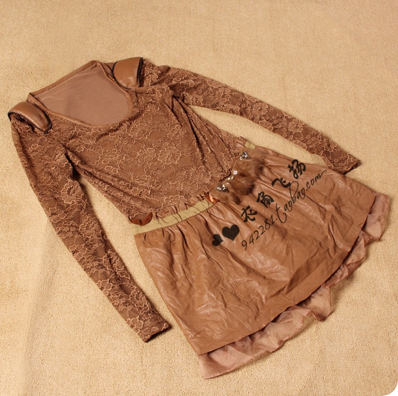 Dilan more 2012 autumn new arrival lace flower genuine leather shoulder pads one-piece dress