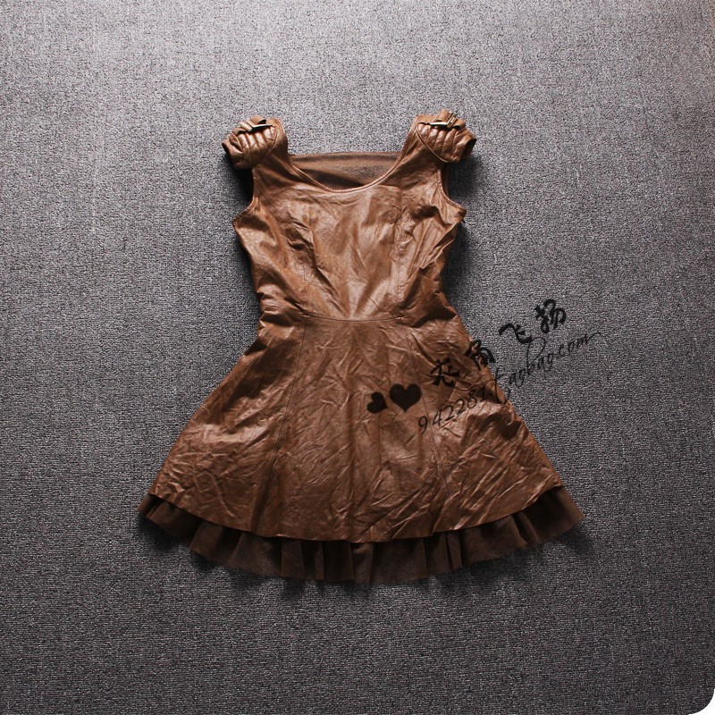 Dilan more 2012 autumn new arrival sheepskin gauze V-neck genuine leather one-piece dress female