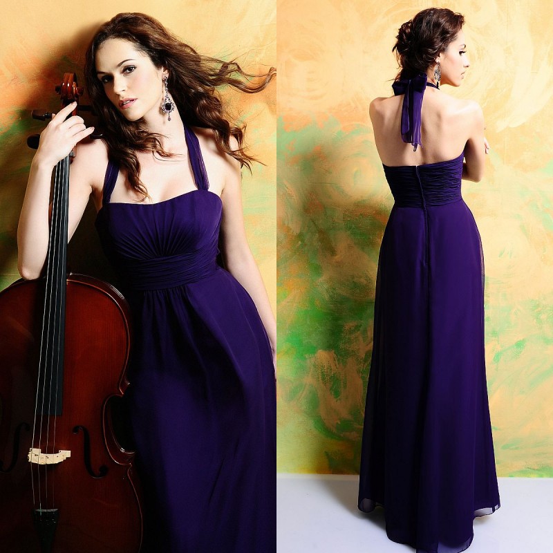 Dinner evening dress violin halter-neck formal dress Deep purple chiffon formal dress he31