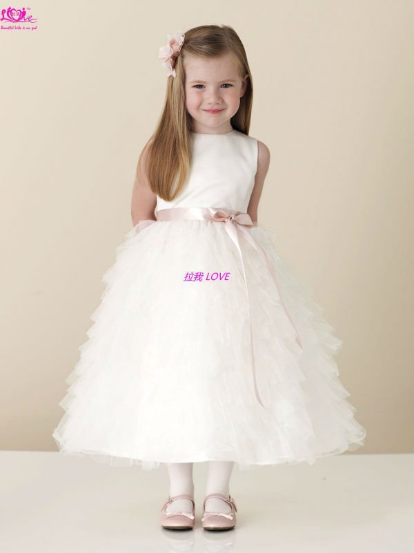 Discount Custom Made Ball Gown Long Satin &Tulle Lovely Pink Ribbon Layered Flower Girl Dress