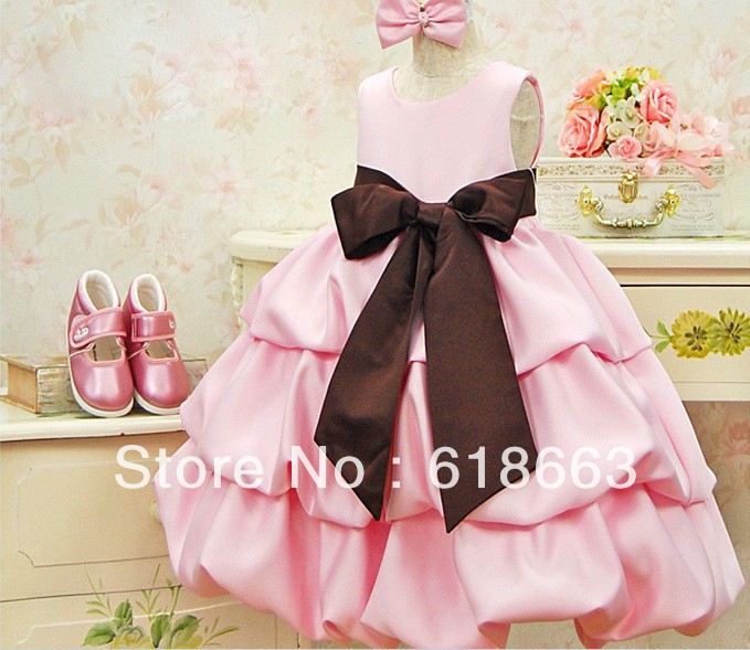 discount fashion Elegant Baby Girls Princess holiday party silk Dress light purple With belt and big Bow Factory 2-6year