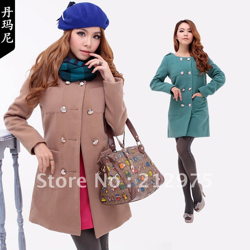 Discount! Free Shipping New&Vintage&Slim&Long O-neck Romantic Doule Breasted Wool Coat Women Multi-color