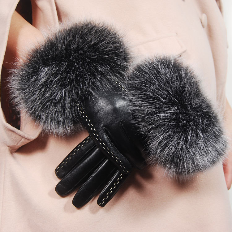 Discount Winter Warm Genuine Suede Leather  Fox Fur Women Gloves