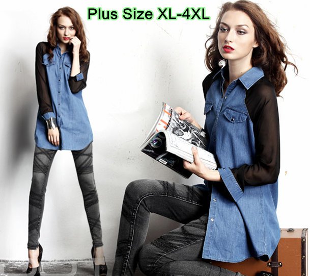 Discounted New Plus Size Ladies Long Chiffon Sleeve Blue Denim Patchworked Long Shirt Fashion Pockets Jean Blouses Size XL-4XL