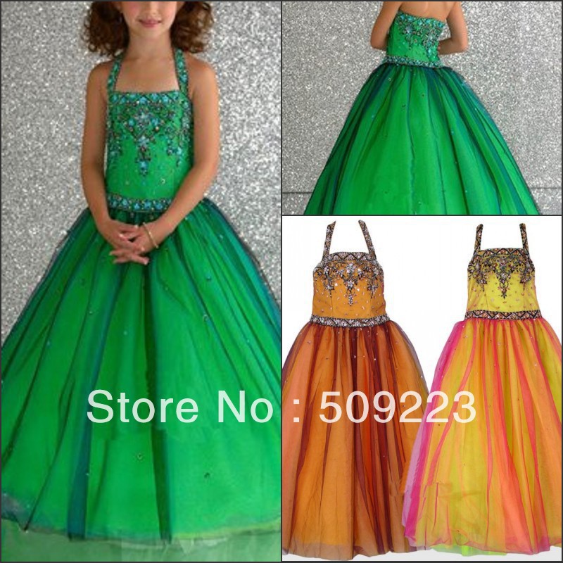 Distinctive halter A-line applique and beaded floor length green and organge satin tulle flower girl net dresses