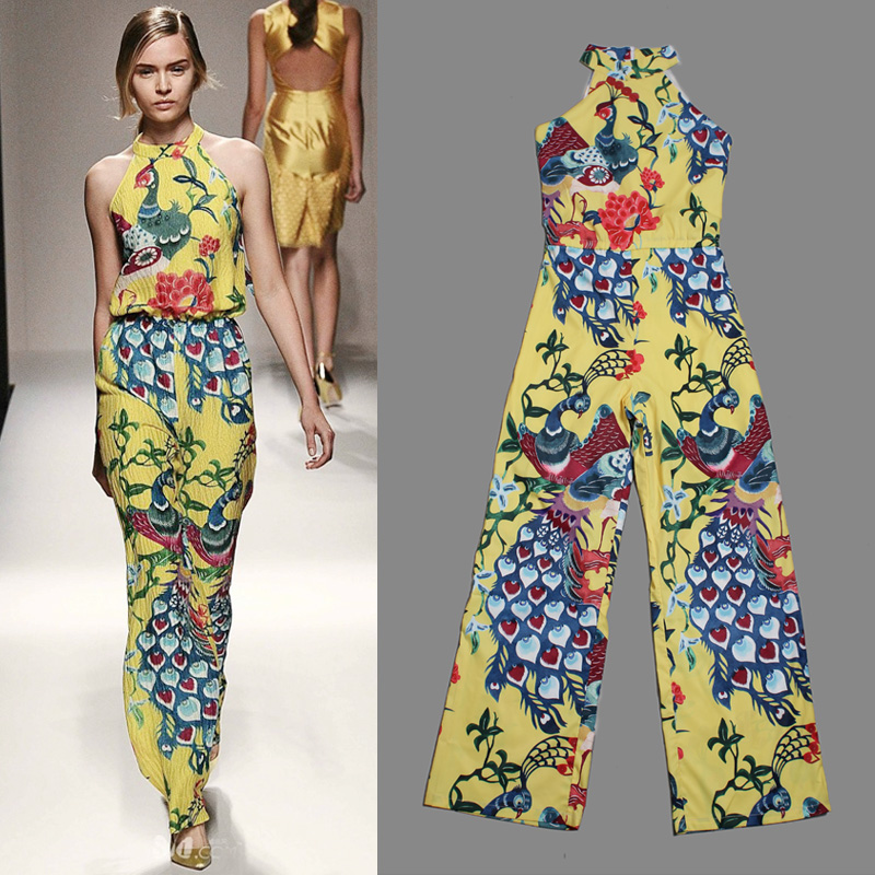 Distinguished Royal Elegant Peacock Animal Printed Gorgeous Yellow Halter-neck Jumpsuit