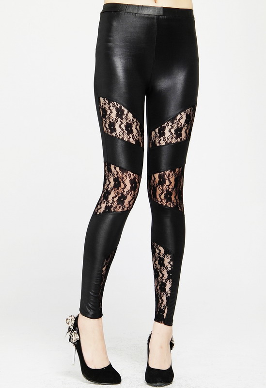 Dl Black pvc sexy fashion lace decoration women's leg ankle length trousers socks legging 7794