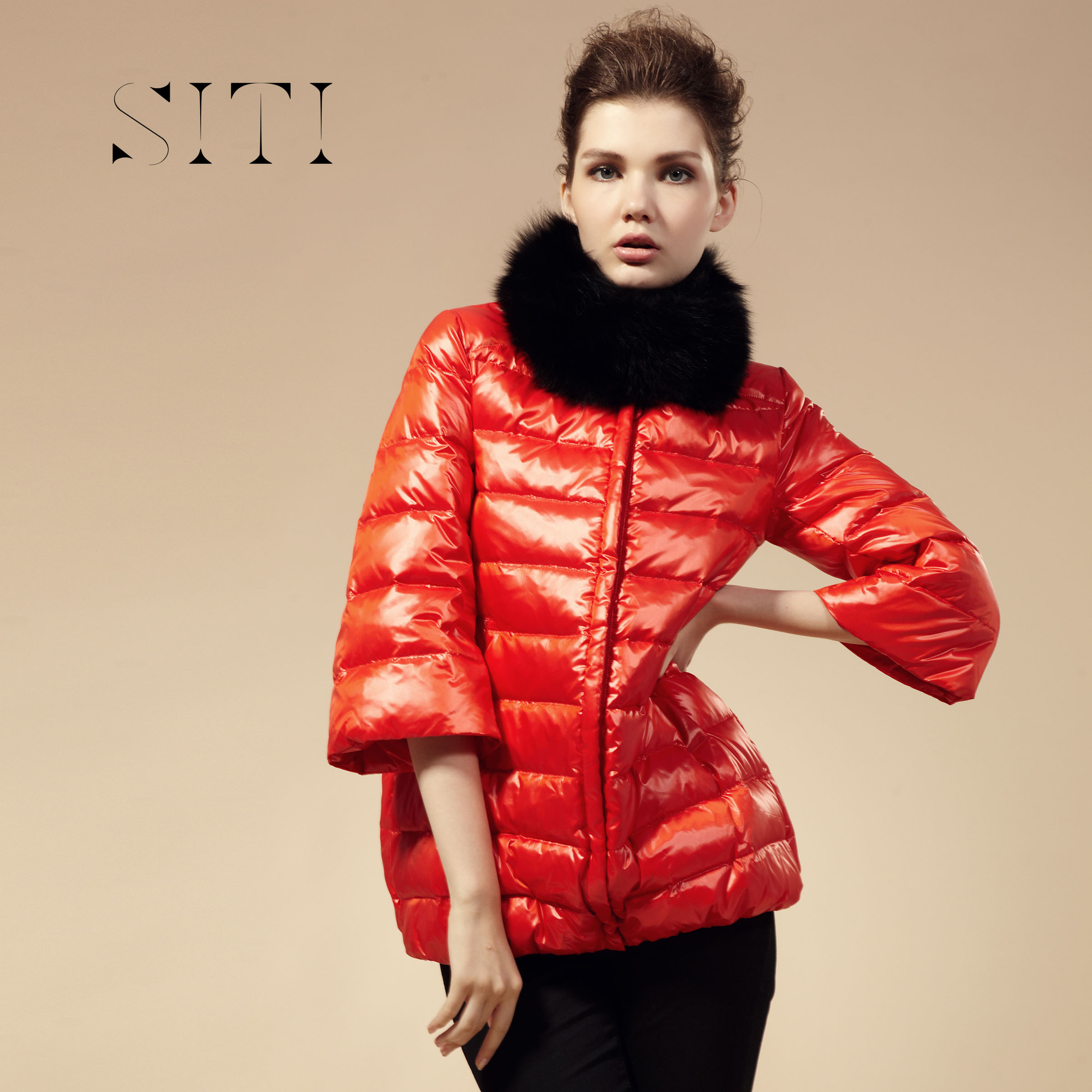 DMONSTYLE 2012 winter women's  thin shiny half sleeve down coat red down jacket 2 colors