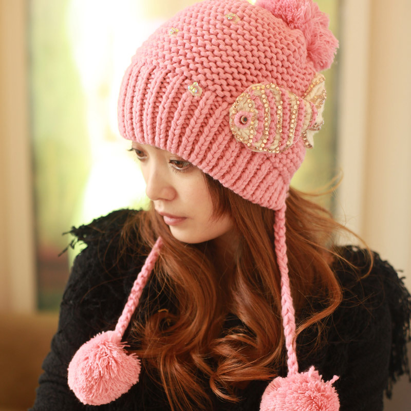 Dollarfish multicolour knitted hat female autumn and winter thermal knitted winter hat ear female