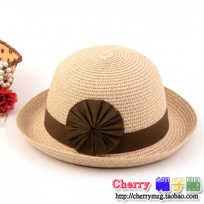 Dome straw braid hat beach summer fashion women's rustic applique roll-up hem sun-shading small fedoras