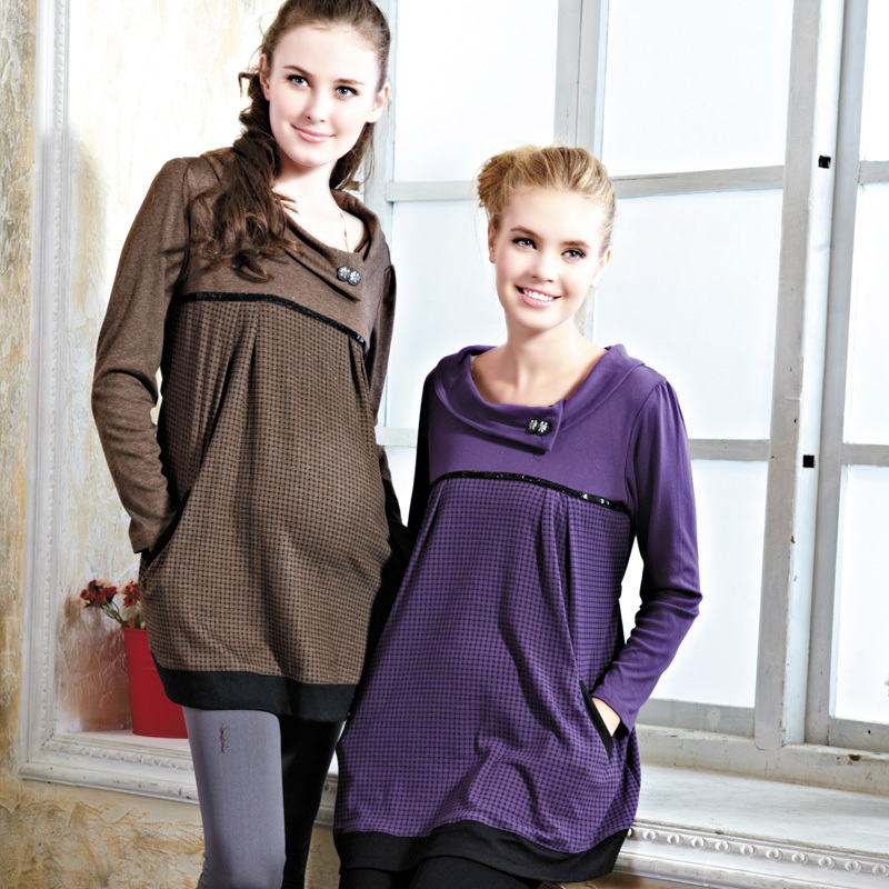 Don cotton - 3279 maternity clothing fashion plaid turn-down collar maternity top plus size