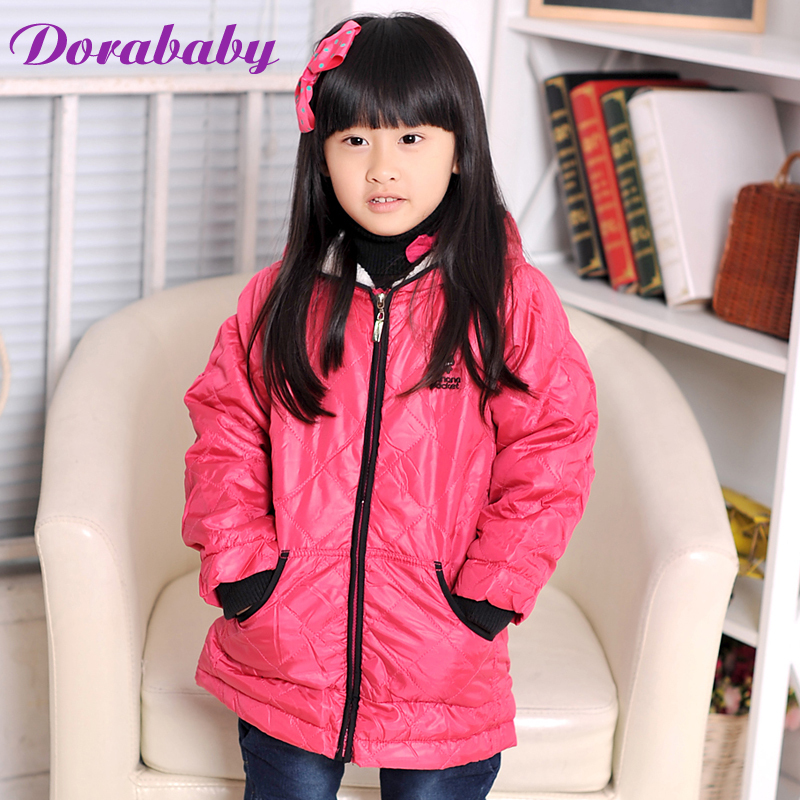 Dora baby child plus velvet wadded jacket outerwear medium-long female child cotton-padded jacket 2012 bear with a hood winter