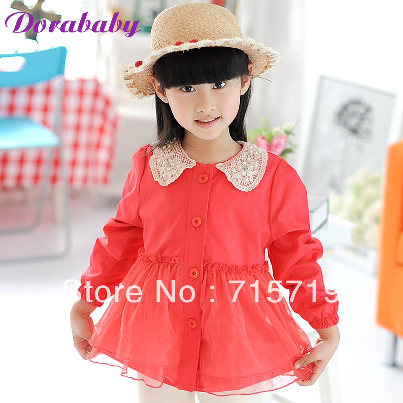 Dora baby children's clothing 2013 solid color female child trench single breasted patchwork type peter pan collar trench