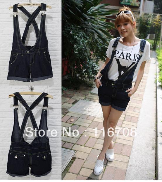 Dorp shipping 2013 new arrival fashion women's Dark Blue cross denim bib pants suspenders shorts bd-004