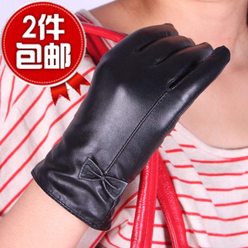 Dot bow women's genuine leather gloves female autumn and winter thermal flannelet sheepskin gloves suede