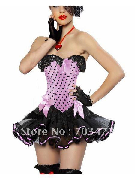 Dot corset with black dress pink bow lace up corset dress wholesale and retailer high quality low price corset fast delivery