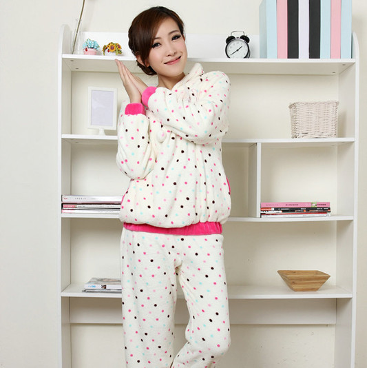 Dot winter sleepwear women's autumn and winter Women thickening coral fleece sleep set lounge