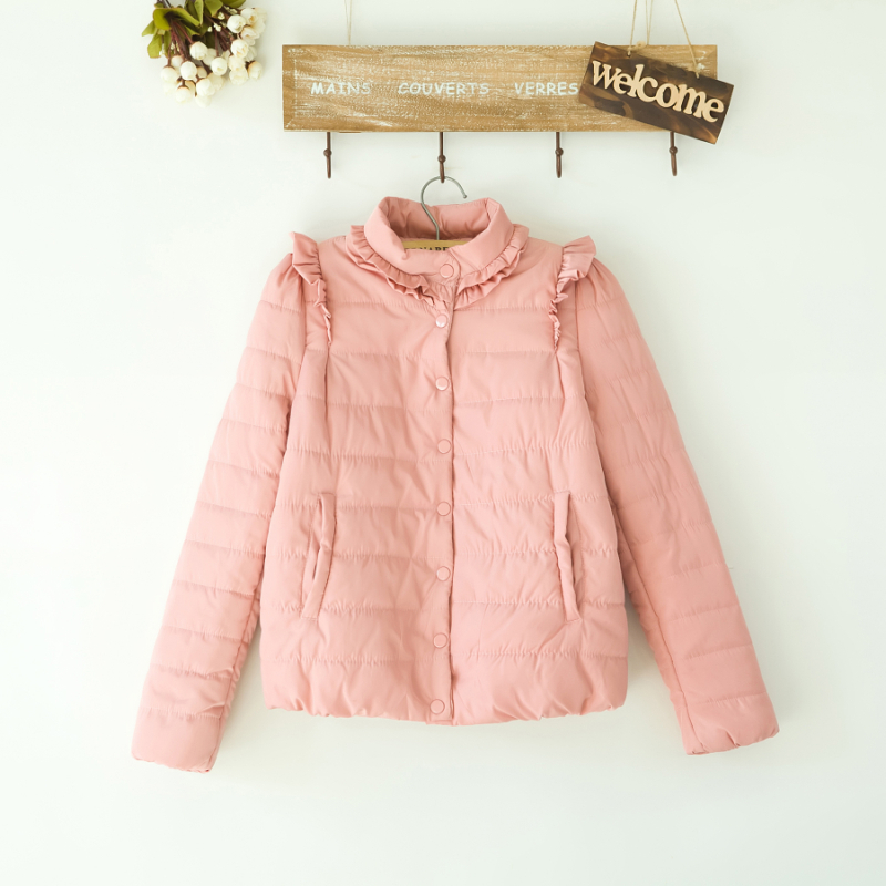 Dot women's autumn and winter ruffle hem solid color loose long-sleeve stand collar female wadded jacket cotton-padded jacket