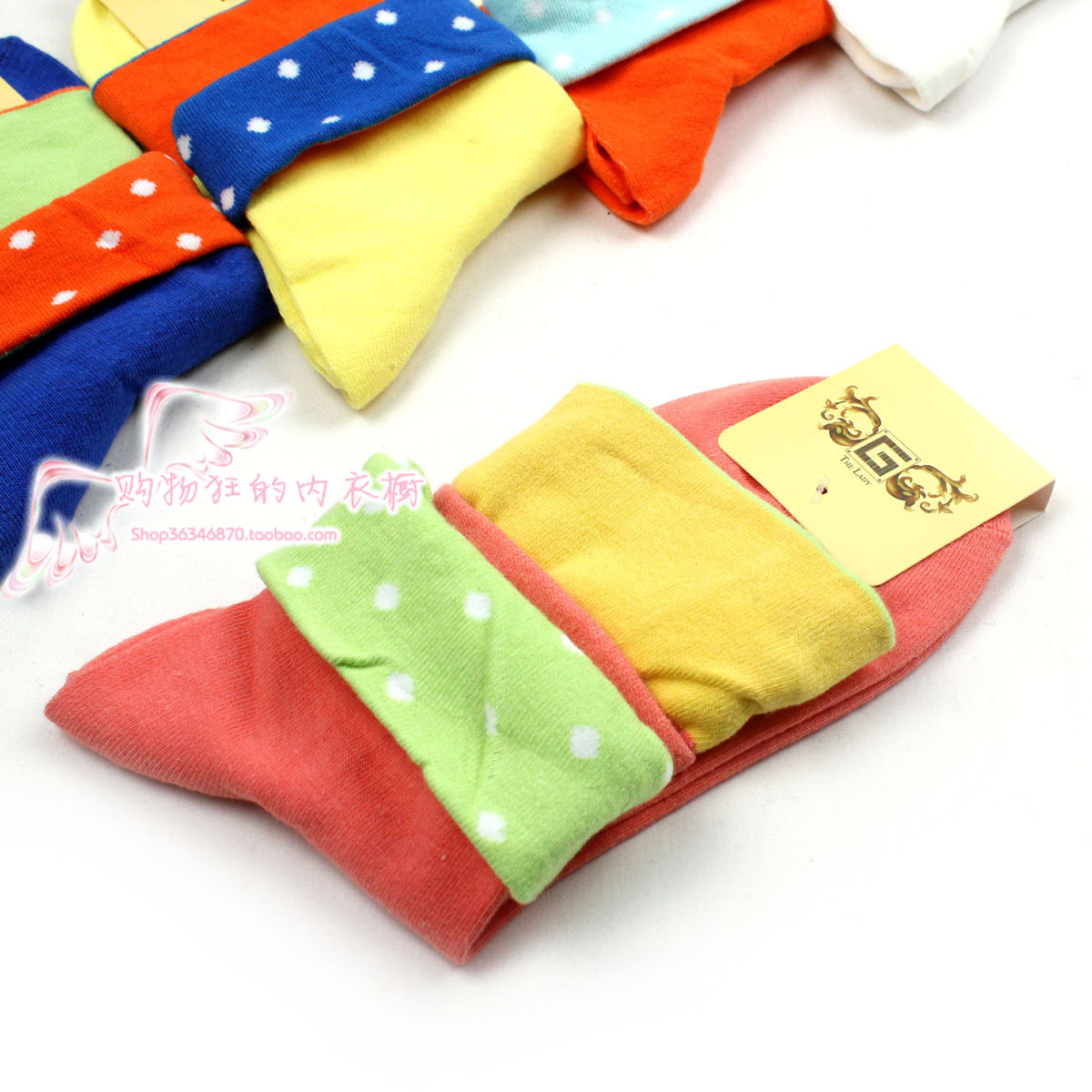 Double 100% cotton socks candy color women's knee-high socks roll up hem polka dot socks wz008