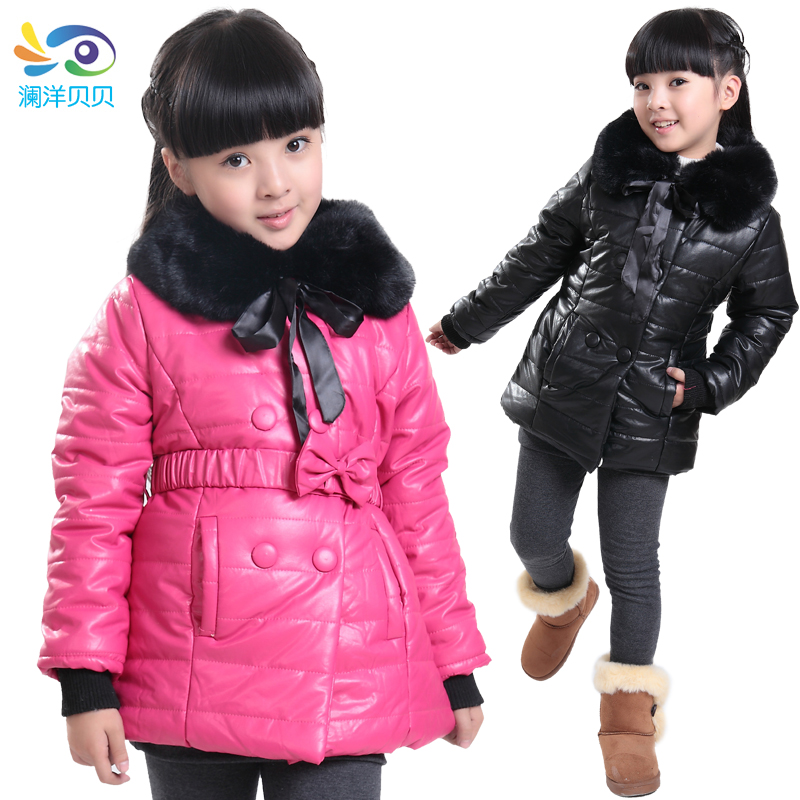 Double 12 new arrival winter female child PU medium-large cotton trench fur collar thickening thermal