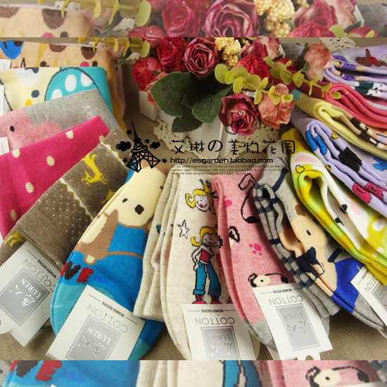Double 12 women's autumn and winter multicolour cartoon 100% pure cotton stockings