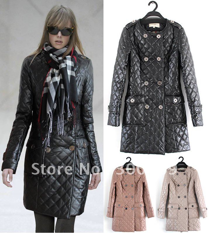 double breast coat PU leather keep warm with the scarf plaid designer women coats