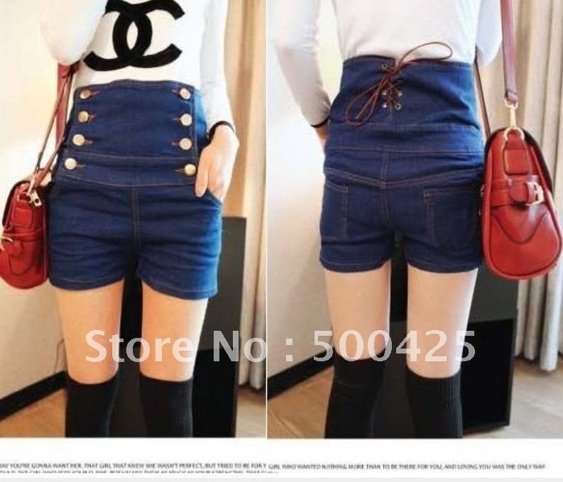 Double breasted lacing vintage high waist shorts all-match jeans women's high waist tights shorts f4