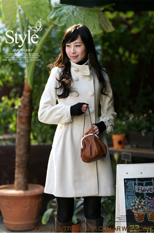 Double-breasted stand collar overcoat white , black 4321
