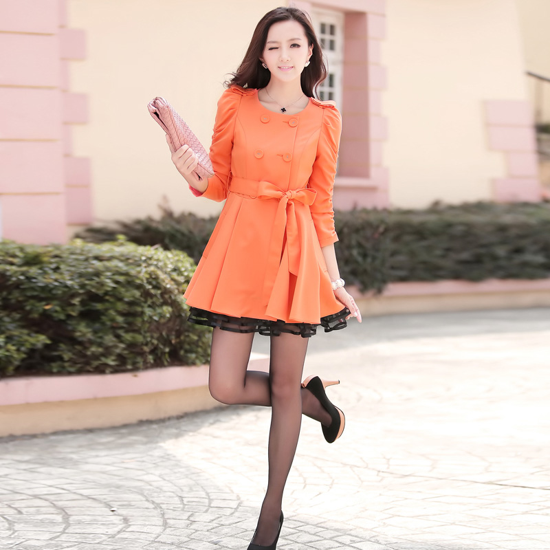 Double breasted trench female 2013 spring ruffle lace high waist slim medium-long
