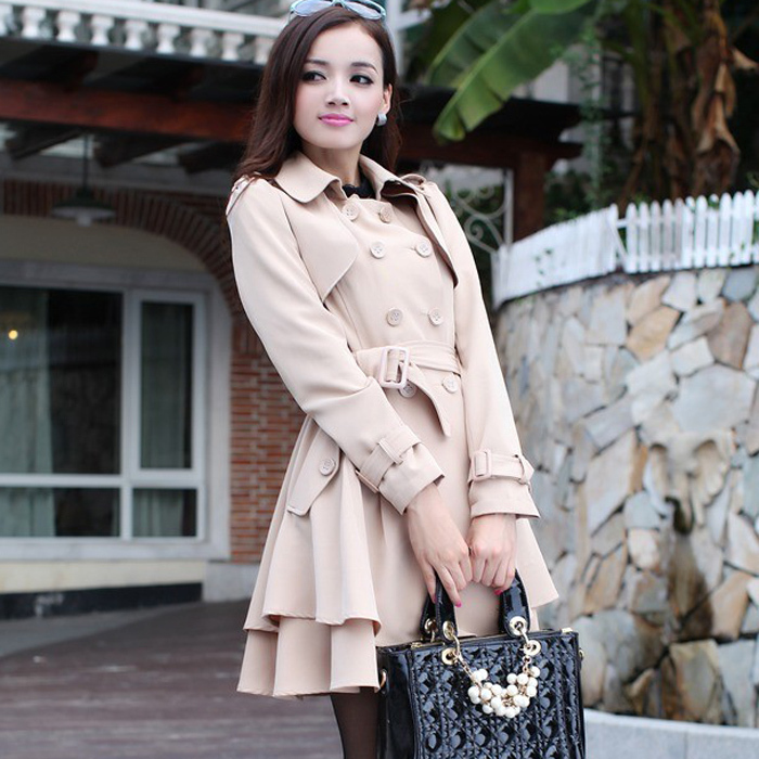 Double breasted turn-down collar long-sleeve slim waist lacing belt medium-long elegant ol one-piece dress trench outerwear