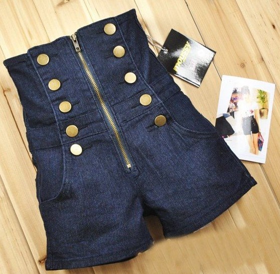 Double Breasted Zipper High Waist Shorts Deep Blue free shipping