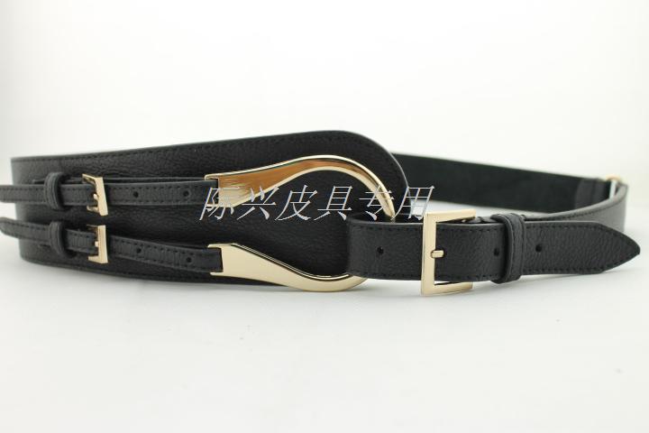 Double buckles cummerbund belt women's genuine leather wide belt strap fashion decoration Women all-match black