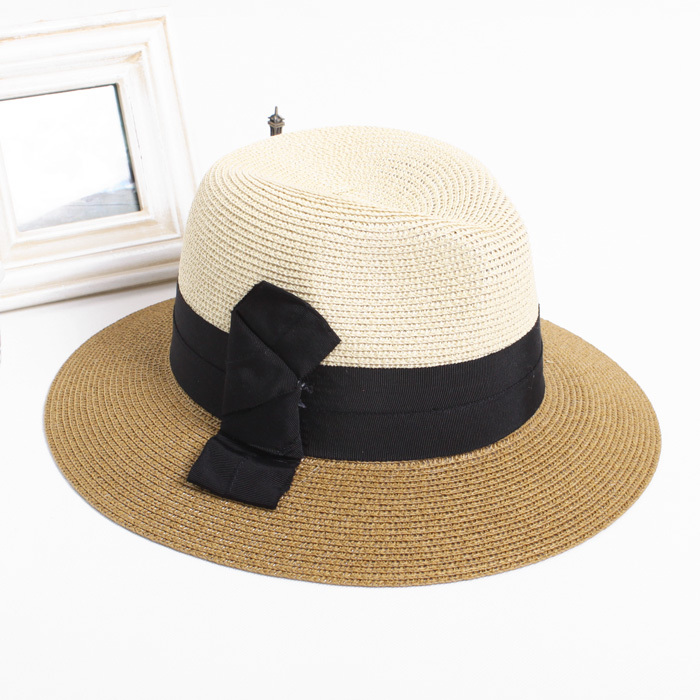 Double colorant match ribbon knot wide brim hat straw braid jazz hat lovers hat summer hat