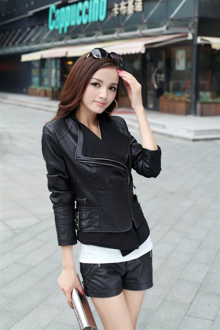 Double layer 2012 V-neck leather clothing PU short design slim women's outerwear leather jacket female plus size