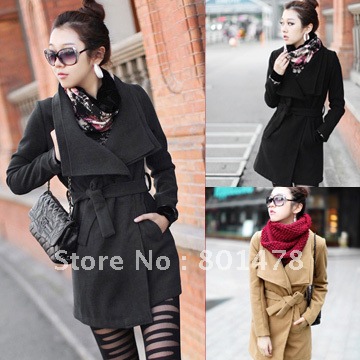 Double layer large lapel no button lacing wool coat a03622