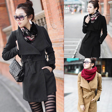 Double layer large lapel no button lacing wool coat a03622