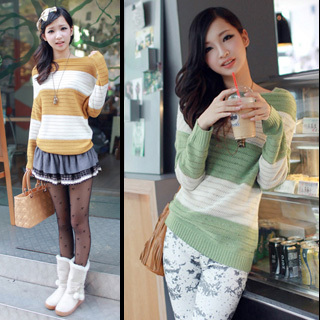 Double r 3403 real pictures with cutout model horizontal stripe batwing sleeve knitted top 350g