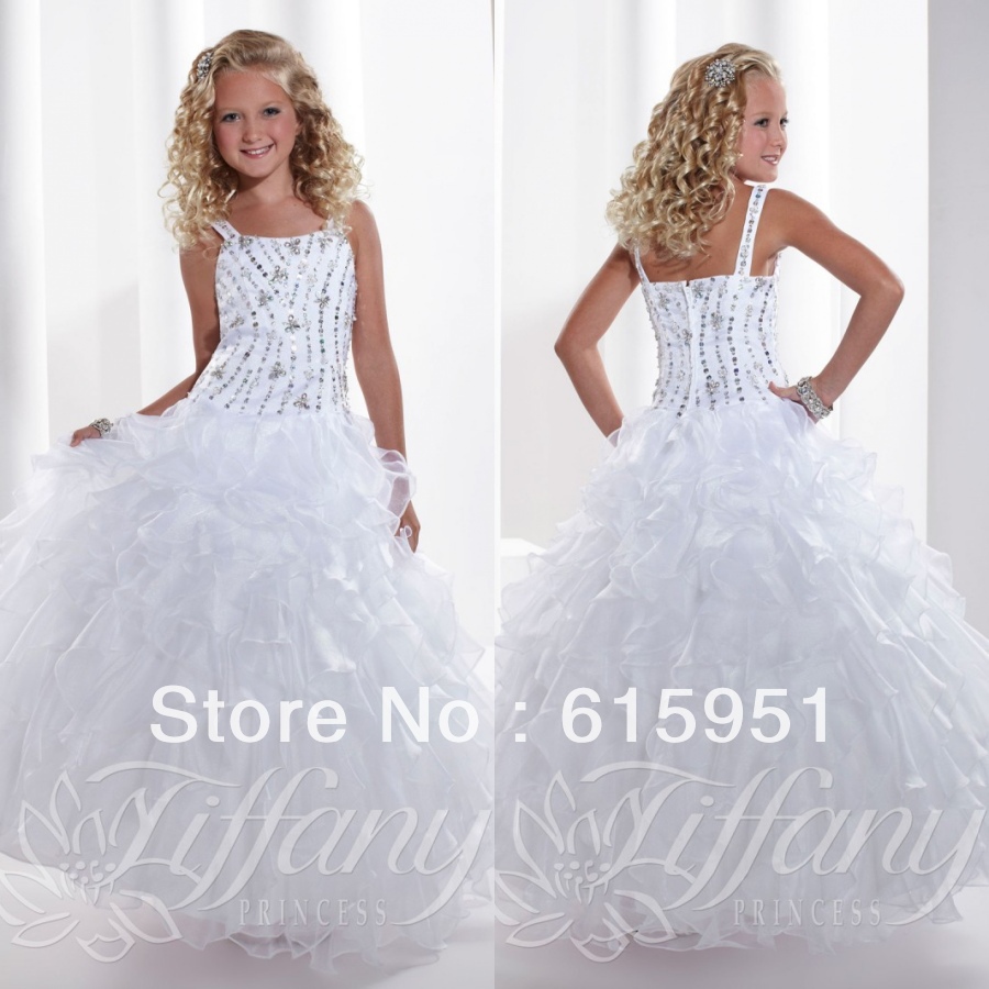 Double Strap Organza Pageant Dresses White Winning Floor Length Ruffle Pageant Dresses JY266