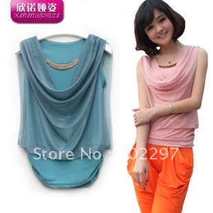 Double swing collar bright gauze sleeveless blouse metal Sequins thin