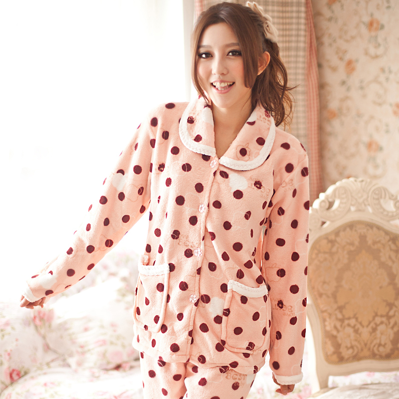 Double ! women's polka dot autumn and winter coral fleece twinset sleepwear long-sleeve lounge set