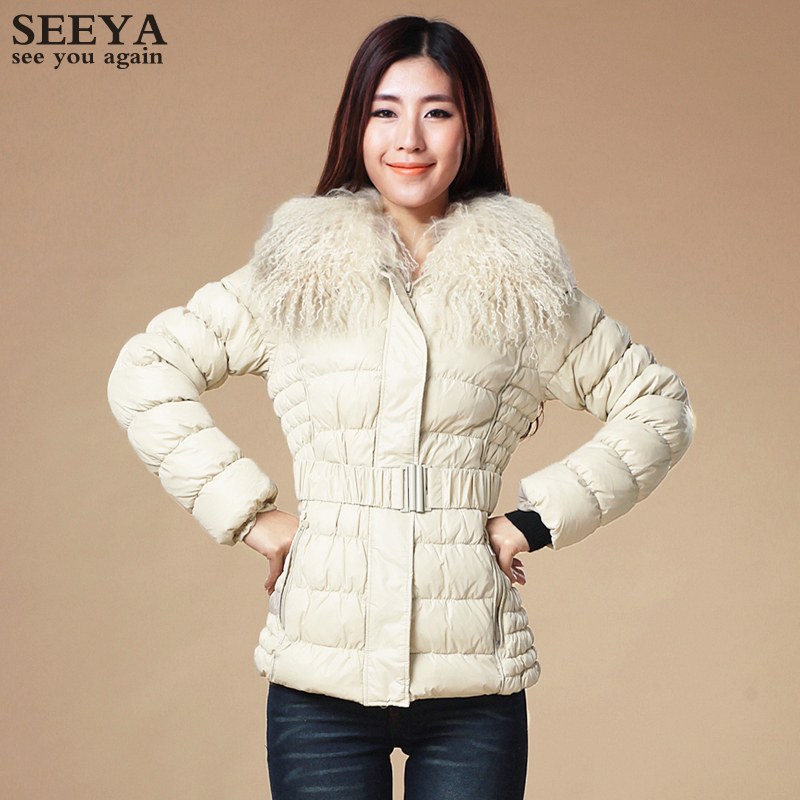 Down coat slim waist belt beach wool large fur collar short design down coat female