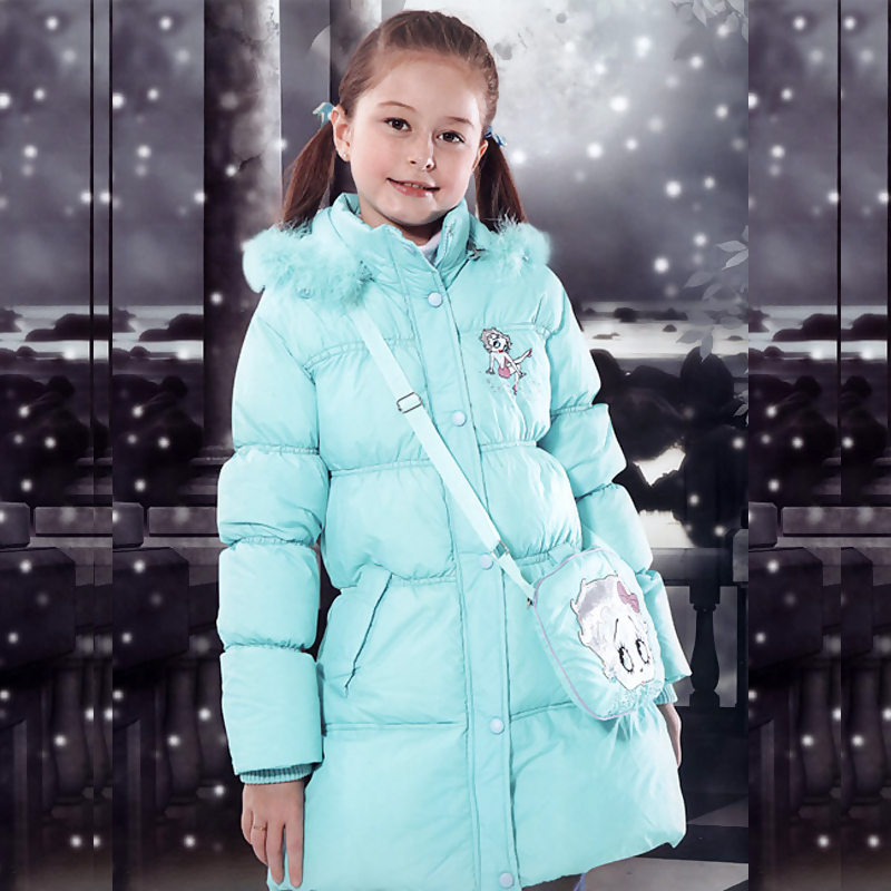 Down coat winter children's clothing female child hooded medium-long down coat small bag