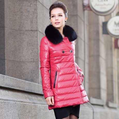 Down leather clothing female genuine leather down coat sheepskin medium-long leather down coat Red lj57
