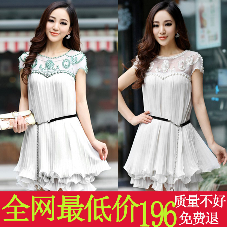 Dr high quality 2012 beading embroidered silk pleated one-piece dress white puff skirt