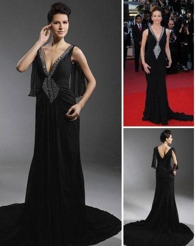 Dramatic Diane Lane Sheath/ Column V-neck Court Train Chiffon/ Elastic Satin Cannes Film Festival/ Evening Dress
